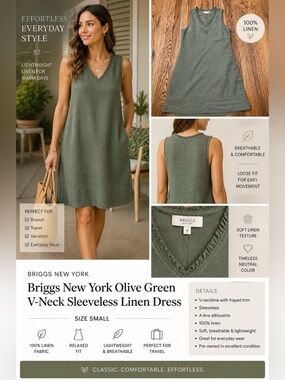 Briggs New York Olive Green V-Neck Sleeveless Linen Dress